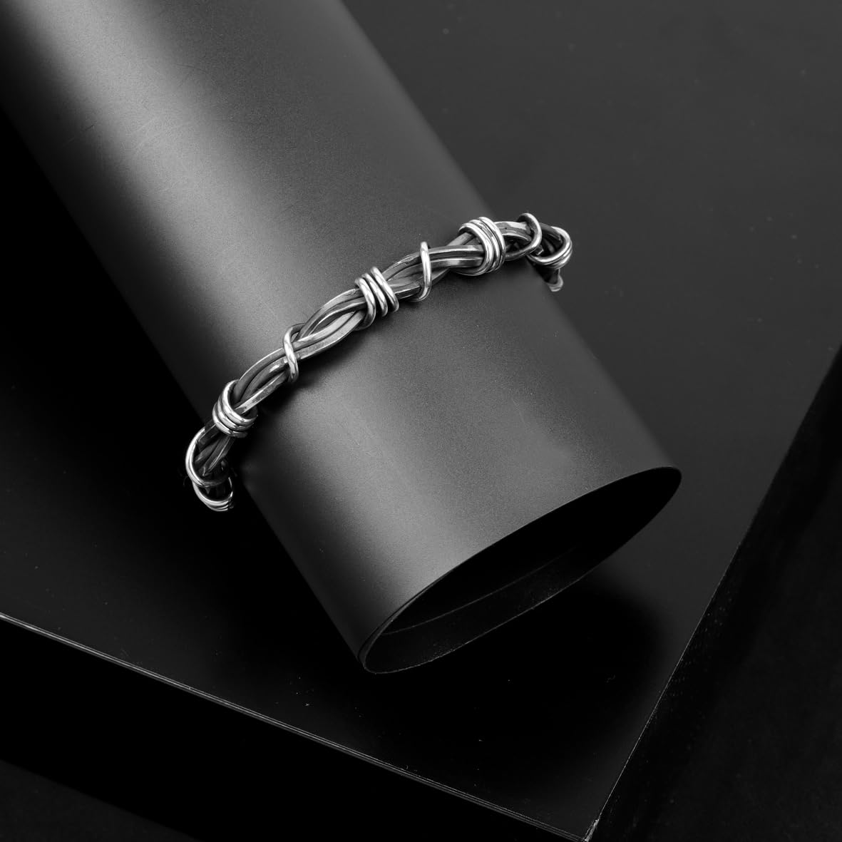 Handmade Silver Cuff Bracelet for Men – Adjustable Thorn Cuff Design – Vintage Hand-Engraved Sterling Silver Bracelet – Personalized Gift with Silver Polishing Cloth