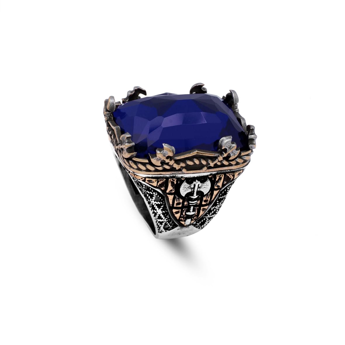 Vintage Large Blue Sapphire Ax Ring for Men - 925 Sterling Silver Turkish Handmade Polished Engagement Ring with Silver Polishing Cloth Gift
