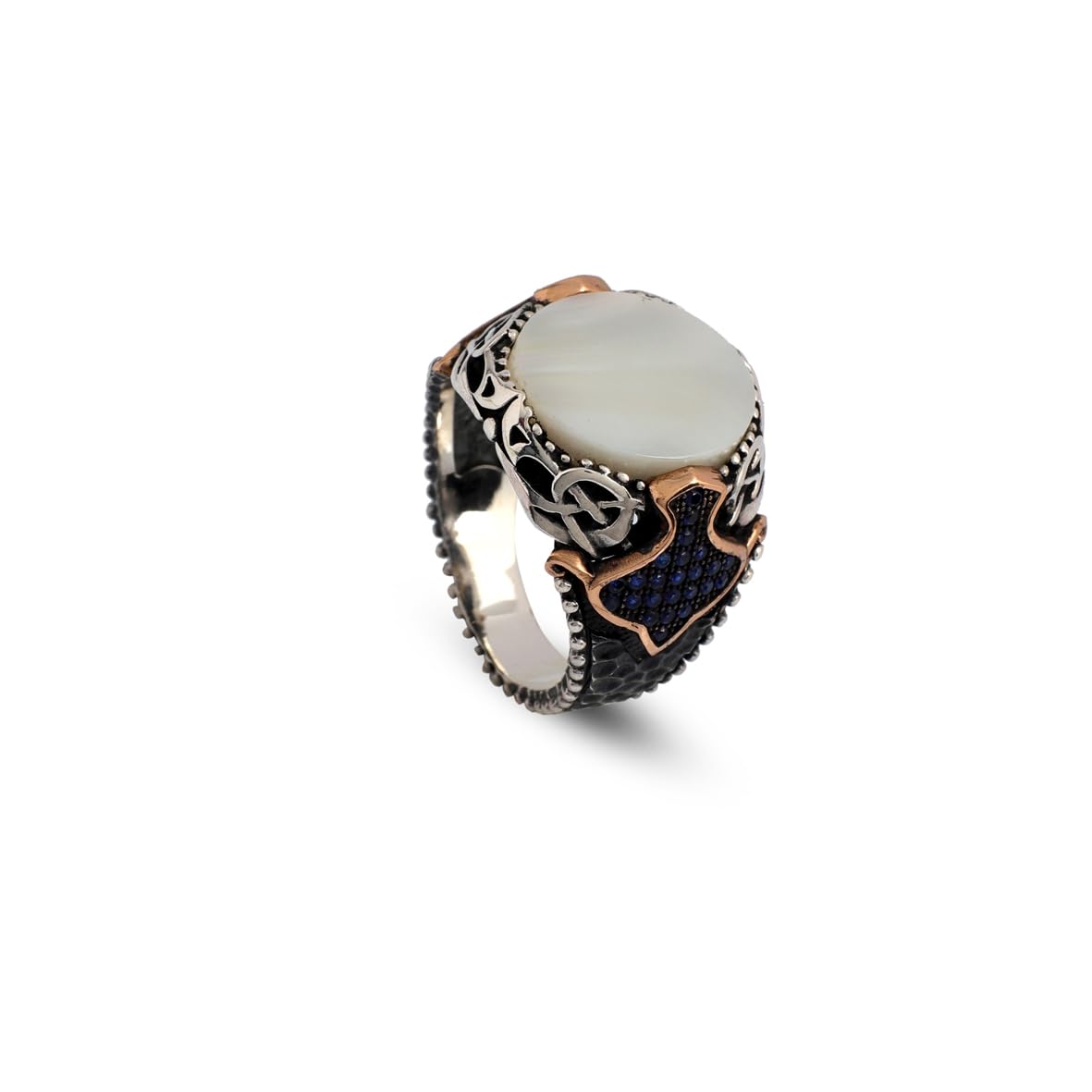 Vintage Mother of Pearl Signet Ring with Micro Sapphire Stone - 925 Sterling Silver Men's Gemstone Ring