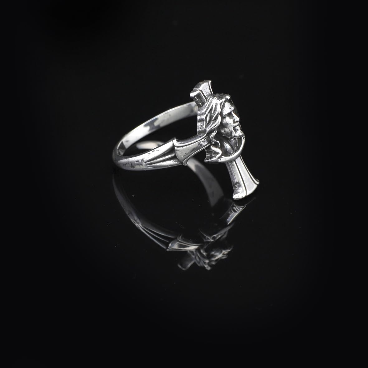 Handmade Cross Jesus Ring - 925 Sterling Silver Men's Christian Jewelry with Silver Polishing Cloth Gift