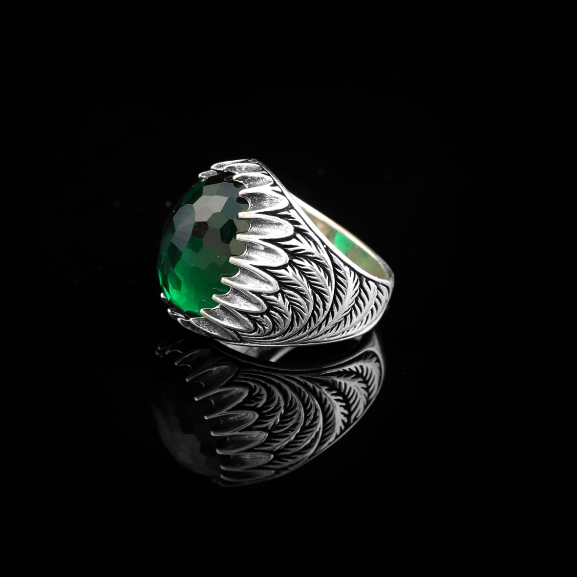 Emerald Ottoman Oval Gemstone Ring – Handmade 925 Sterling Silver Vintage Ring for Men – Custom Engraved Engagement Ring with Gift Silver Polishing Cloth