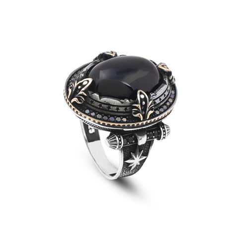 925 Sterling Silver Men's Ring - Handmade Pole Star Design with Black Onyx Gemstone Detail and Silver Polishing Cloth Gift