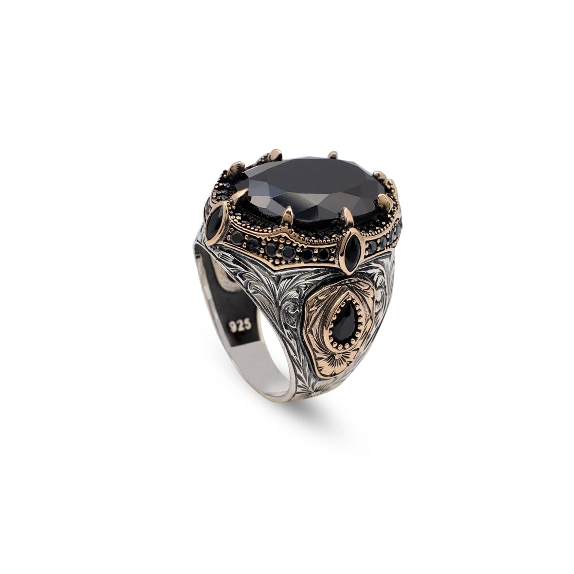 Vintage Ottoman Chunky Onyx Ring for Men – Handmade Gemstone Sterling Silver Engagement Ring with Custom Engraving + Gift Silver Polishing Cloth