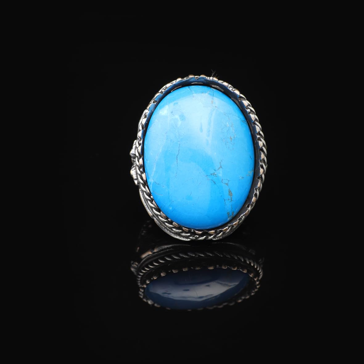 Vintage Turquoise Eagle Ring for Men - Large Oval Stone 925 Sterling Silver Turkish Handmade Polished Engagement Ring with Silver Polishing Cloth Gift