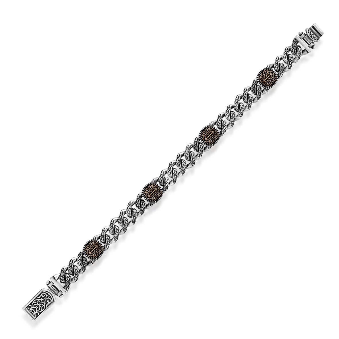 Handmade Gothic Vintage Pattern Mens Bracelet - Made to Order 925 Sterling Silver Personalized Chain Bracelet with Hand-Engraved Detail and Silver Polishing Cloth Gift