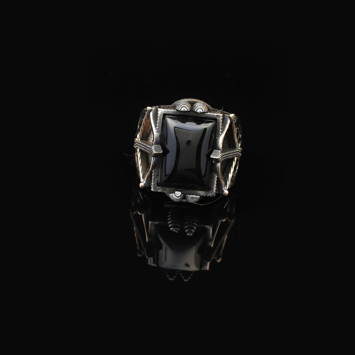 Vintage Onyx Sword Ring with Bow and Arrow Design – Handmade Sterling Silver Gemstone Ring for Men