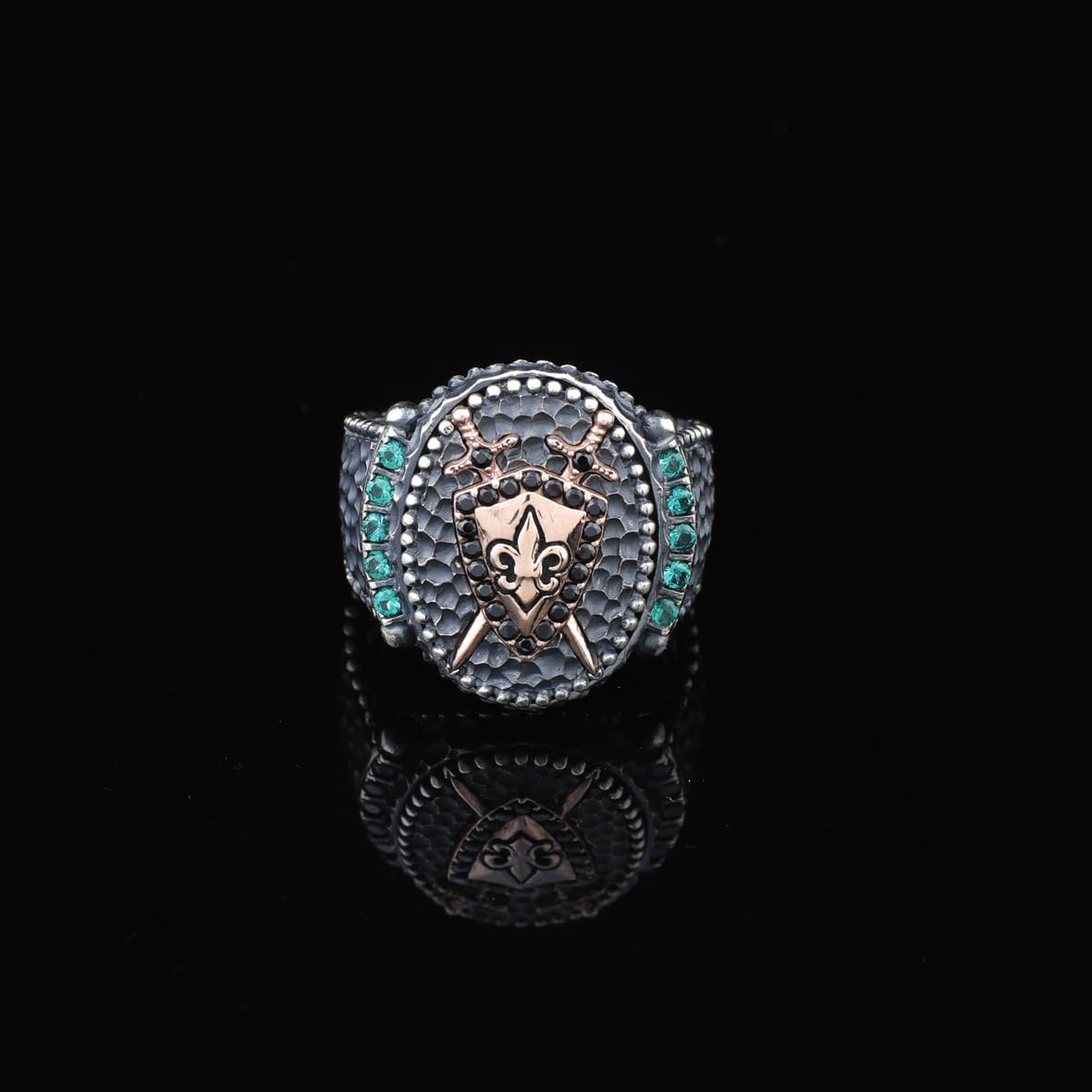 Men's Handmade Emerald Sword and Shield Ring - 925 Sterling Silver Gemstone Jewelry with Polishing Cloth Gift - Custom Signet Ring