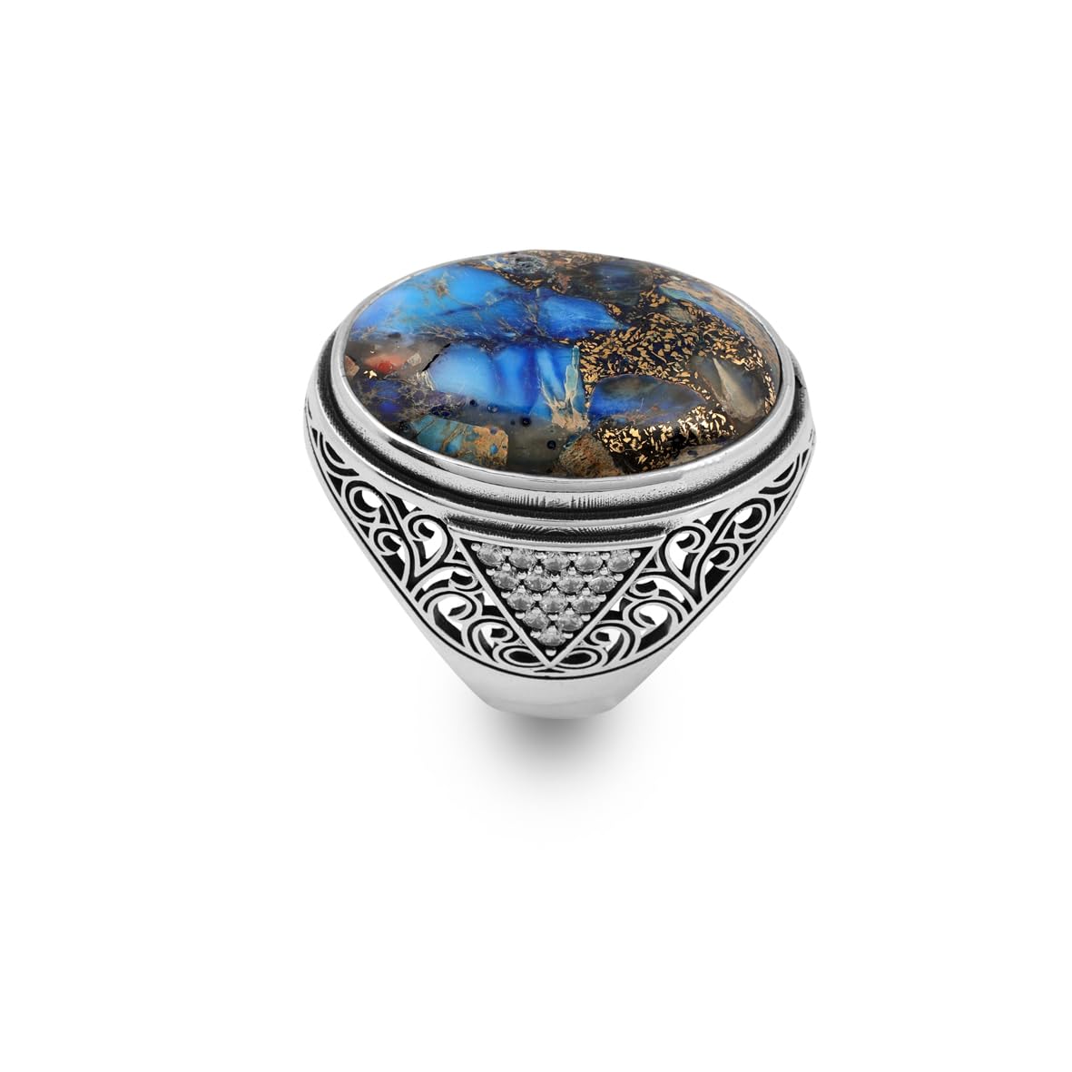 Handmade Special Turquoise Gemstone Ring – Large Chunky Ottoman Sterling Silver Ring for Men – Micro Sapphire Accent – Vintage Style Engagement Ring with Custom Engraving
