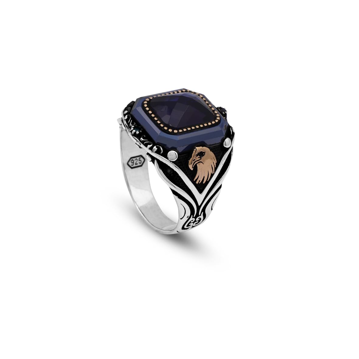 Vintage Blue Tiger Eye Ring with Eagle Design - Handmade 925 Sterling Silver Men's Gemstone Engagement Ring