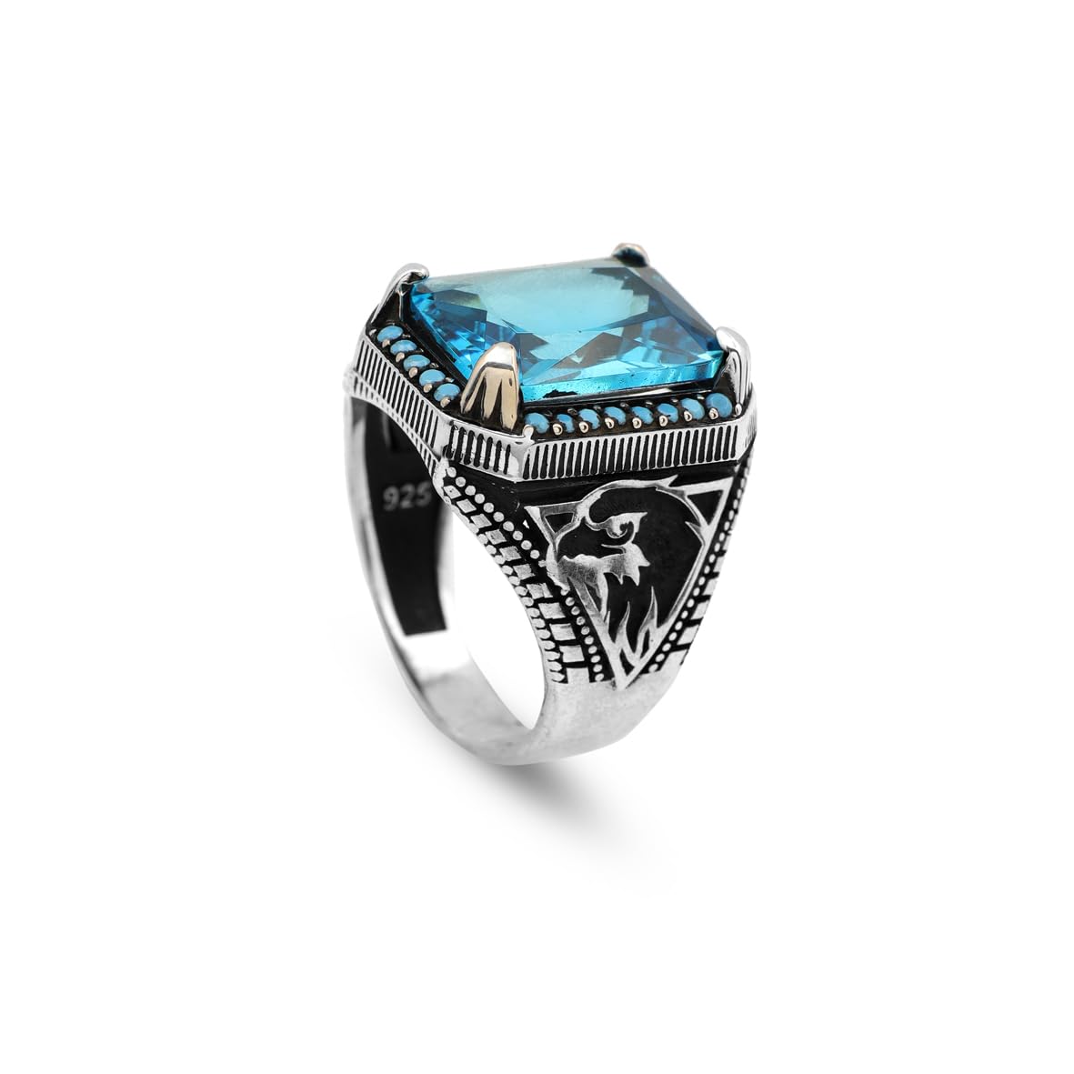 Vintage Aquamarine Eagle Signet Ring for Men – Handmade Sterling Silver Gemstone Engagement Ring with Custom Engraving & Gift Silver Polishing Cloth