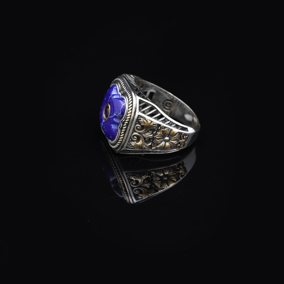 Vintage Handmade Lapis Lazuli Ring with Black Onyx and Micro Stone - 925 Sterling Silver Men's Ring with Gemstone and Silver Polishing Cloth Gift