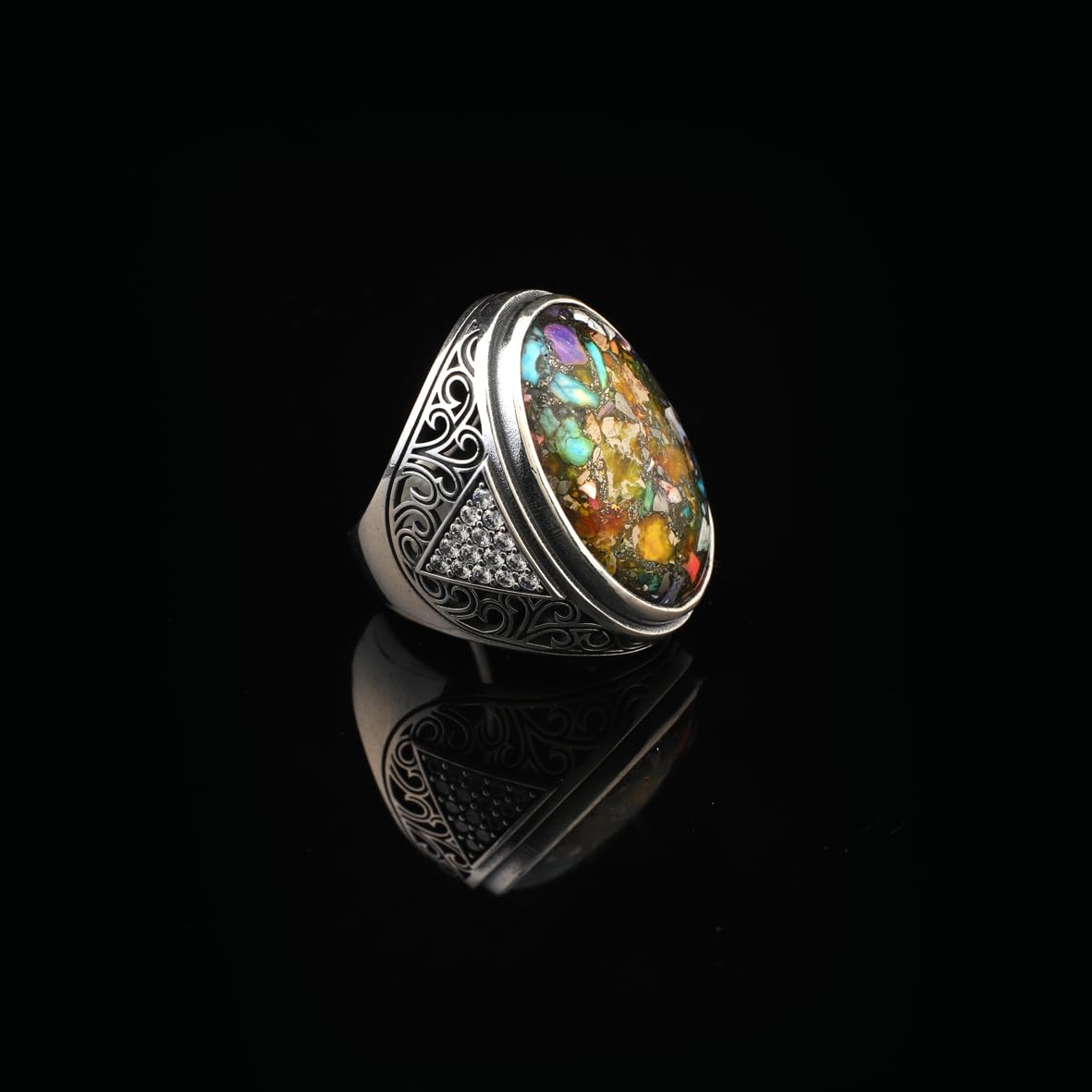 Turquoise Sterling Silver Ring for Men – Special Large Chunky Ring with Gemstone and Micro Sapphire – Ottoman Vintage Handmade Engagement Ring with Custom Engraving