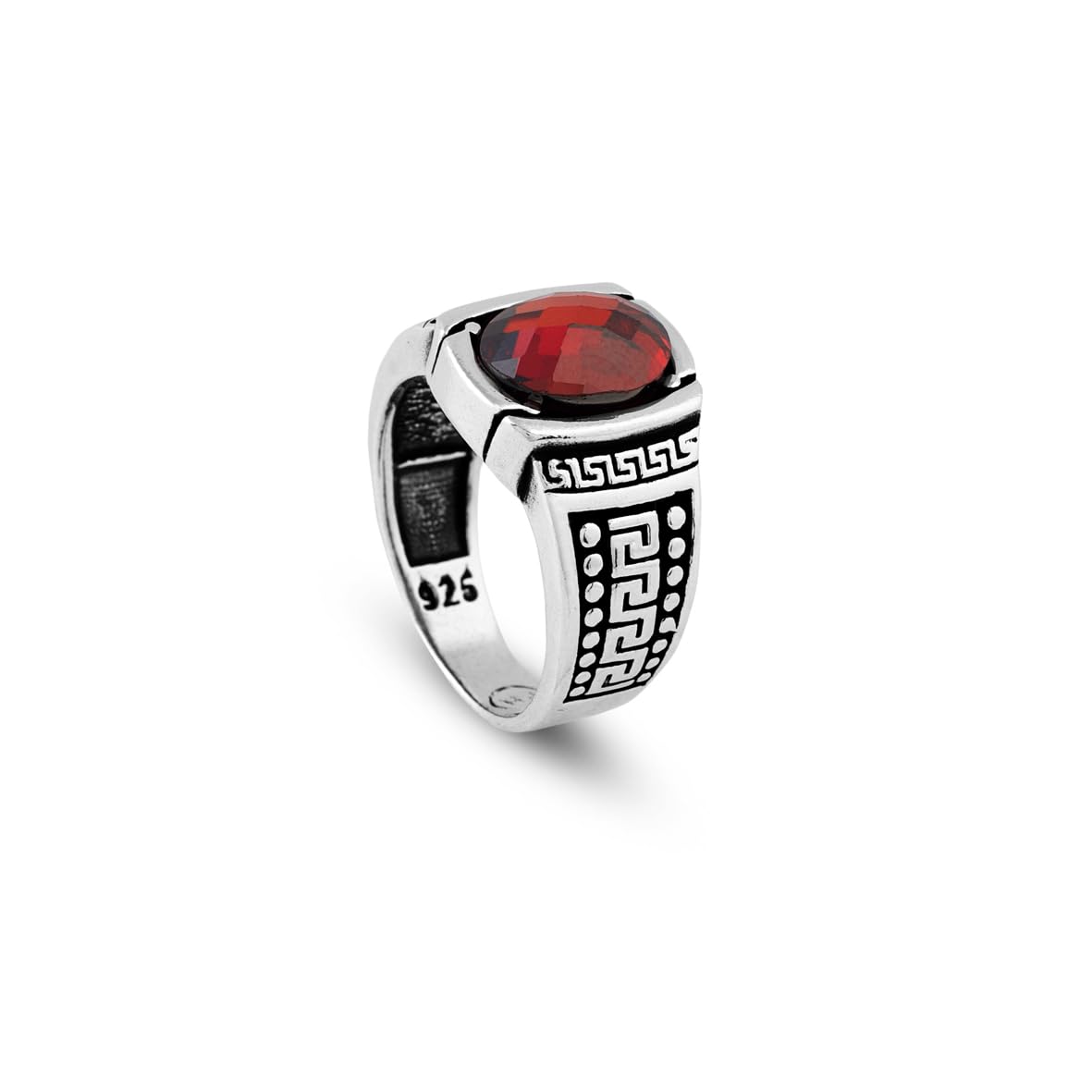 Men's Garnet Pinky Ring - Handmade Sterling Silver Signet Ring in Ottoman Style - Custom Engraved Vintage Engagement Ring Gift with Silver Polishing Cloth