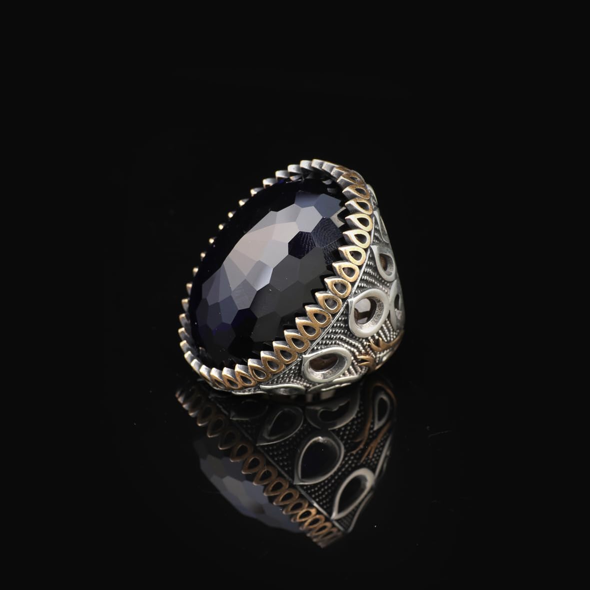 Men's Blue Sapphire Ring - Oval Gemstone in Large Ottoman Design - Handmade 925 Sterling Silver Ring with Silver Polishing Cloth Gift