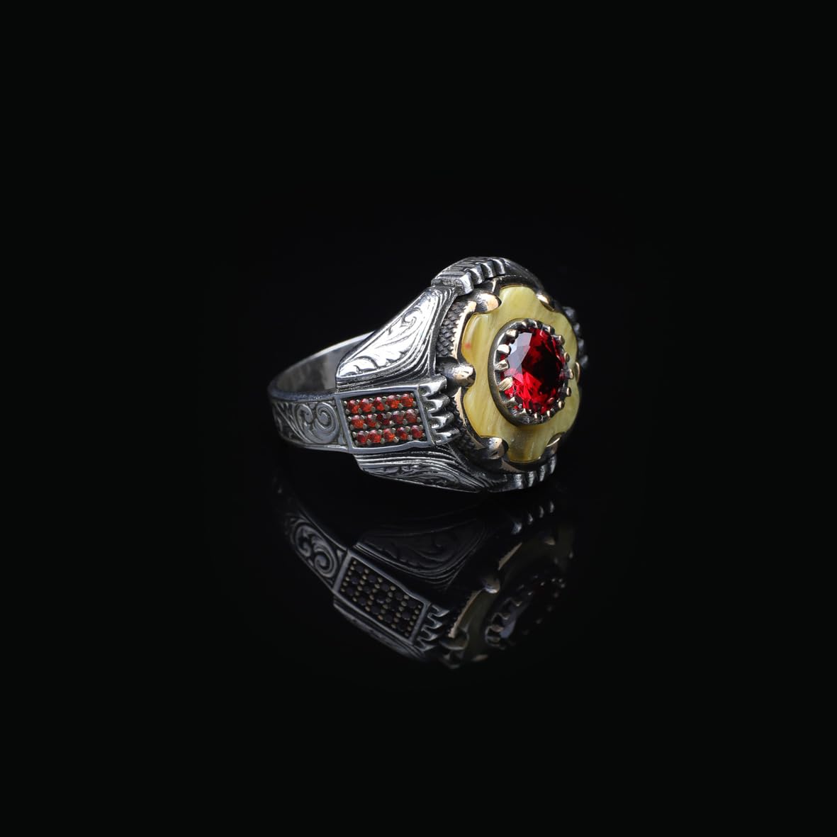 925 Sterling Silver Ottoman Style Squeezed Amber and Ruby Ring - Men's Rotating Ottoman Ring with Squeezed Amber and Ruby - Birthday Gifts