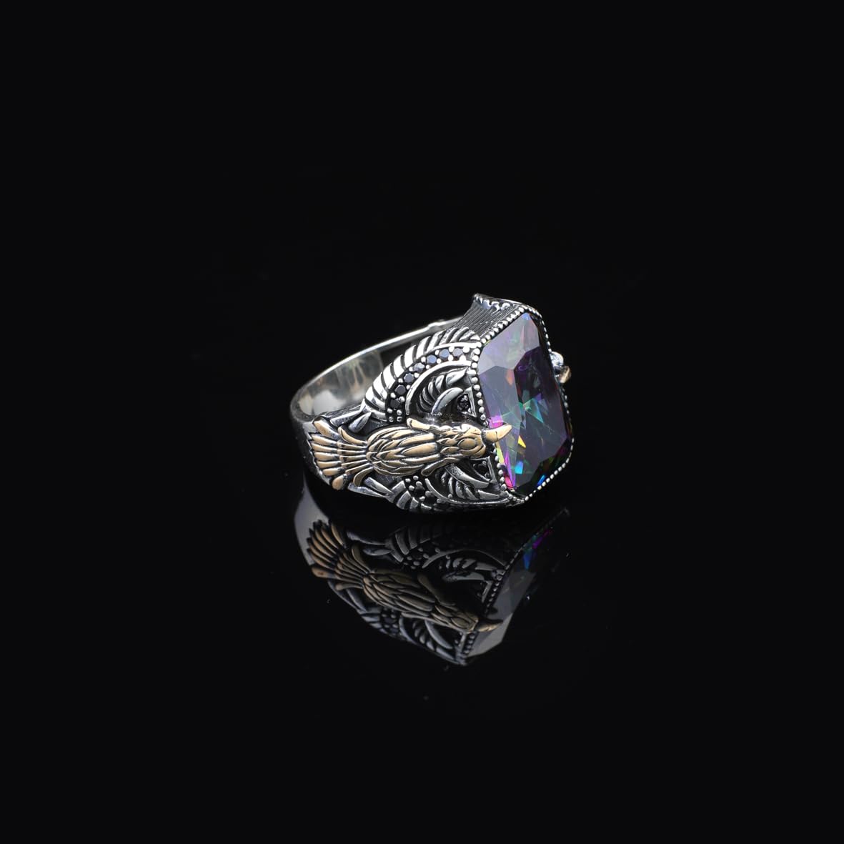 Mystic Topaz Ring with Eagle Design- Vintage Handmade Gemstone Men's Sterling Silver Ring - Includes Silver Polishing Cloth Gift