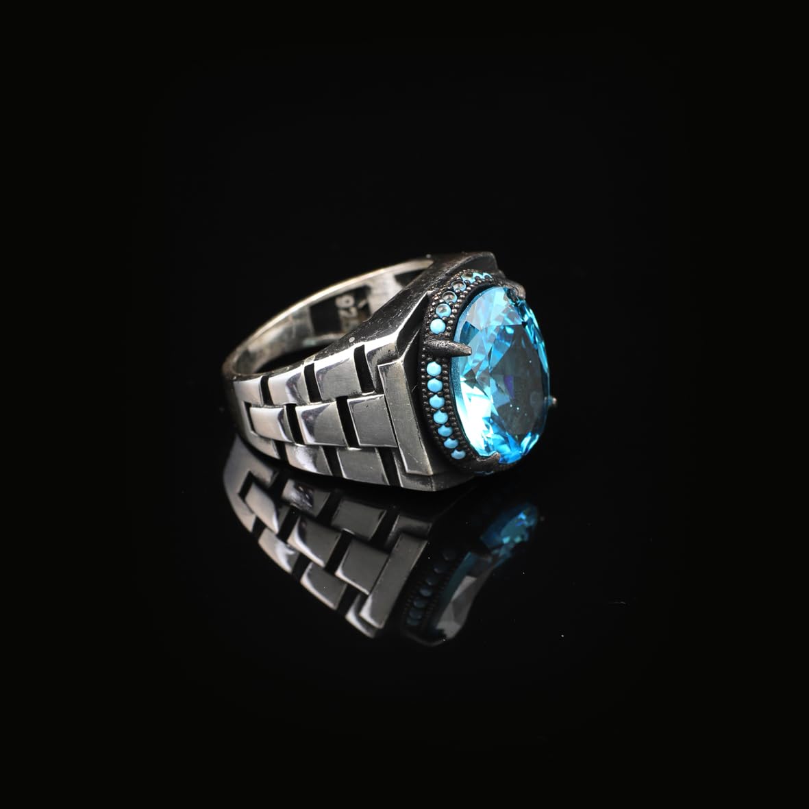 Aquamarine Ring for Men - Vintage Handmade Watch Band Gemstone Ring with Oval Stone