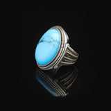 Vintage Turquoise Oval Stone Ring for Men - Large 925 Sterling Silver Turkish Handmade Polished Engagement Ring with Silver Polishing Cloth Gift — image 5