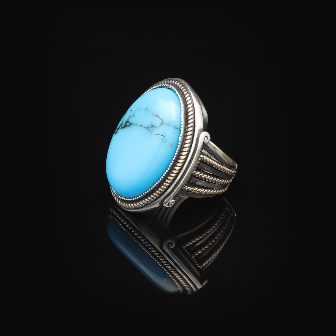 Vintage Turquoise Oval Stone Ring for Men - Large 925 Sterling Silver Turkish Handmade Polished Engagement Ring with Silver Polishing Cloth Gift