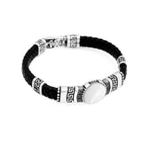 Men's Leather Bracelet with Silver Natural Mother of Pearl Stone – Handmade Vintage Bracelet in Sterling Silver — image 1