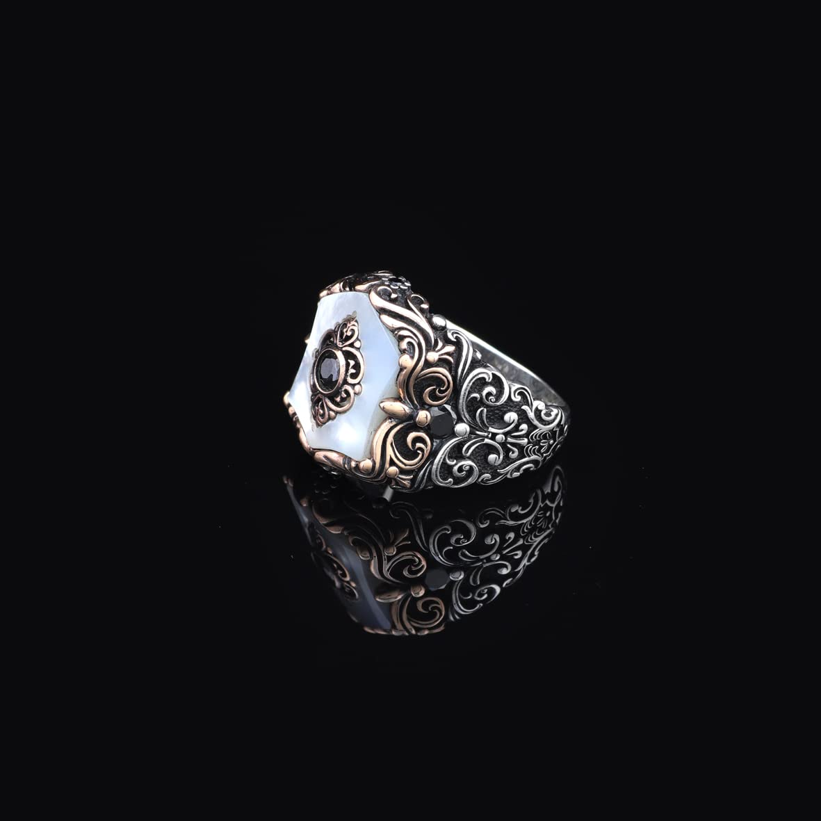 Vintage Ottoman Style Mother of Pearl and Onyx Silver Ring
