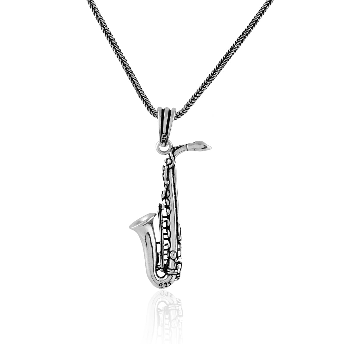 Sterling Silver Saxophone Necklace - Polished Mens Pendant with Silver Chain - Gothic Biker Necklace - Includes Silver Cleaning Cloth Gift