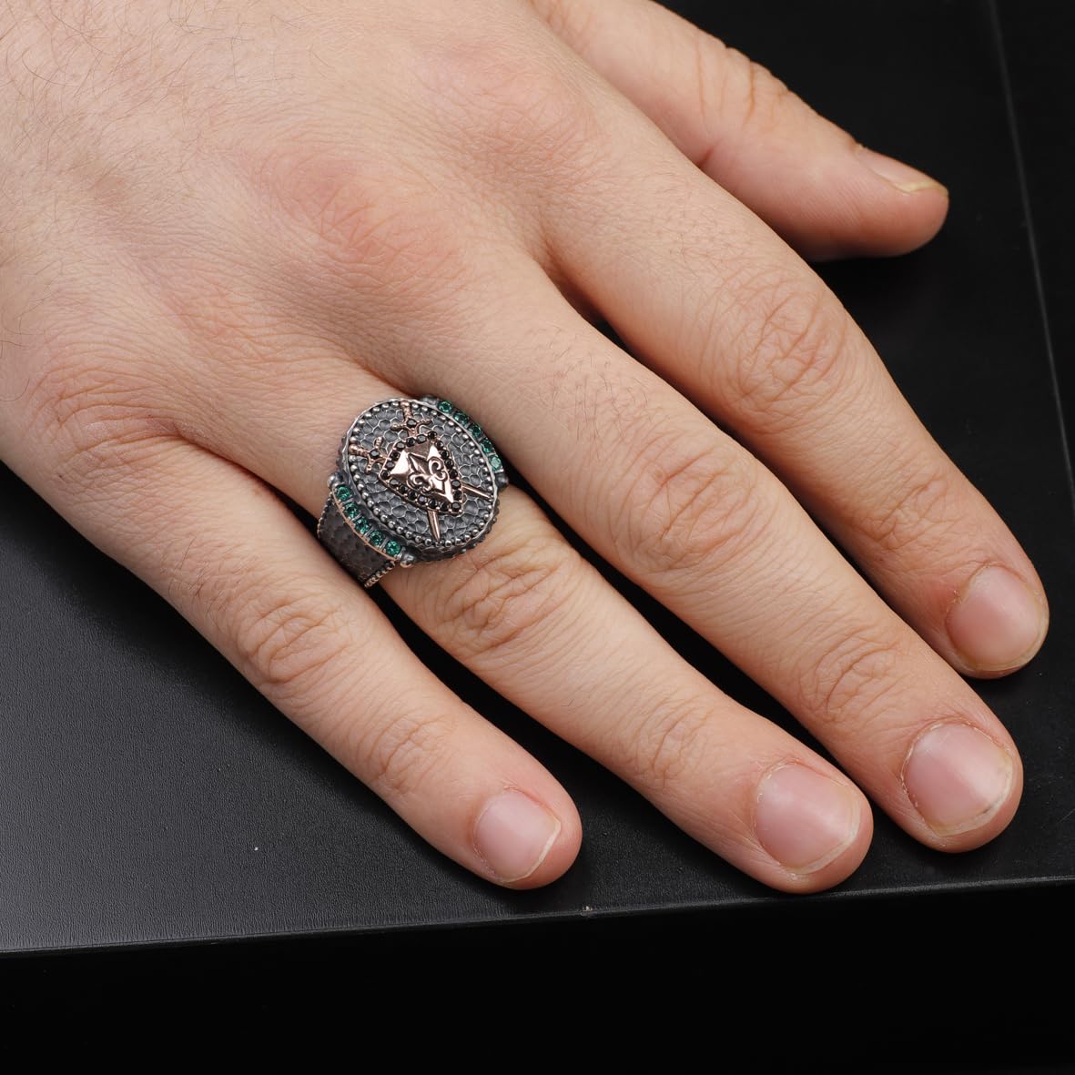 Men's Handmade Emerald Sword and Shield Ring - 925 Sterling Silver Gemstone Jewelry with Polishing Cloth Gift - Custom Signet Ring