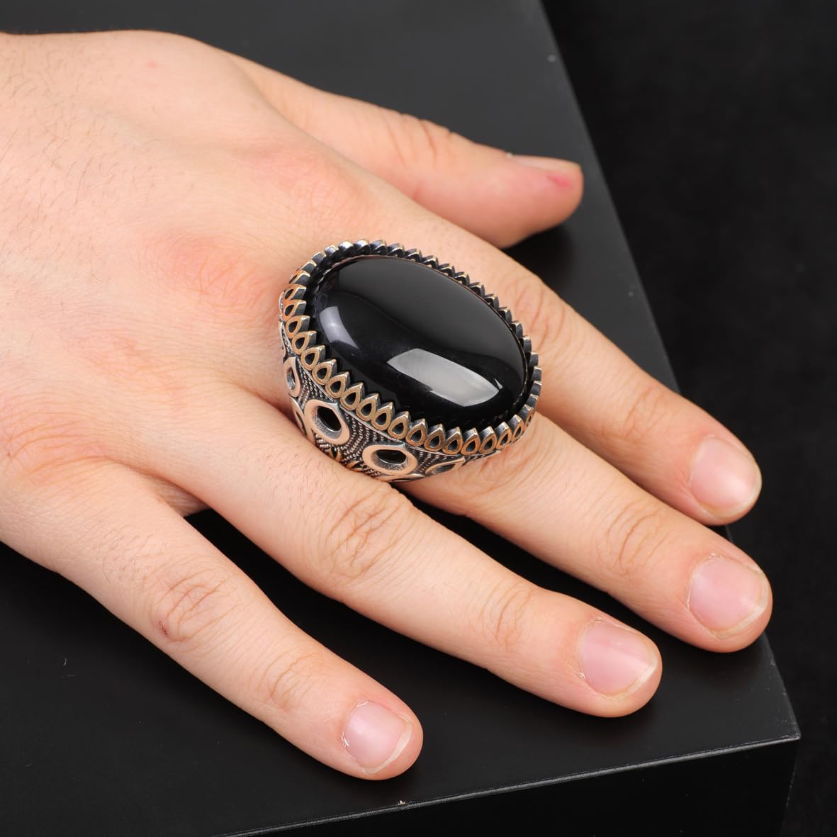 Handmade Onyx Ring with Oval Gemstone - Large Ottoman Style Men's Vintage 925 Sterling Silver Gemstone Ring with Silver Polishing Cloth Gift