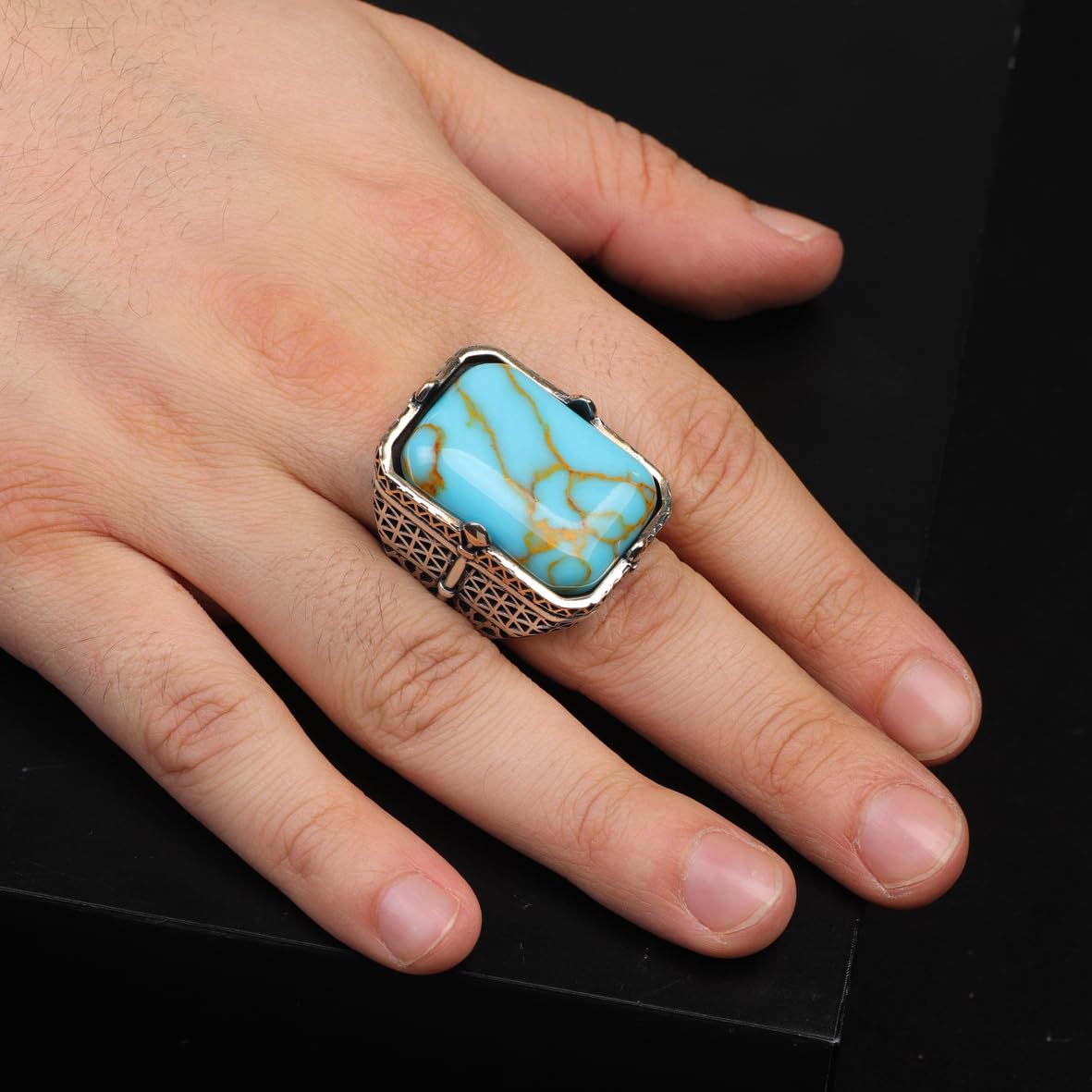 Vintage Large Turquoise Ring for Men - 925 Sterling Silver Turkish Handmade Polished Engagement Ring with Silver Polishing Cloth Gift