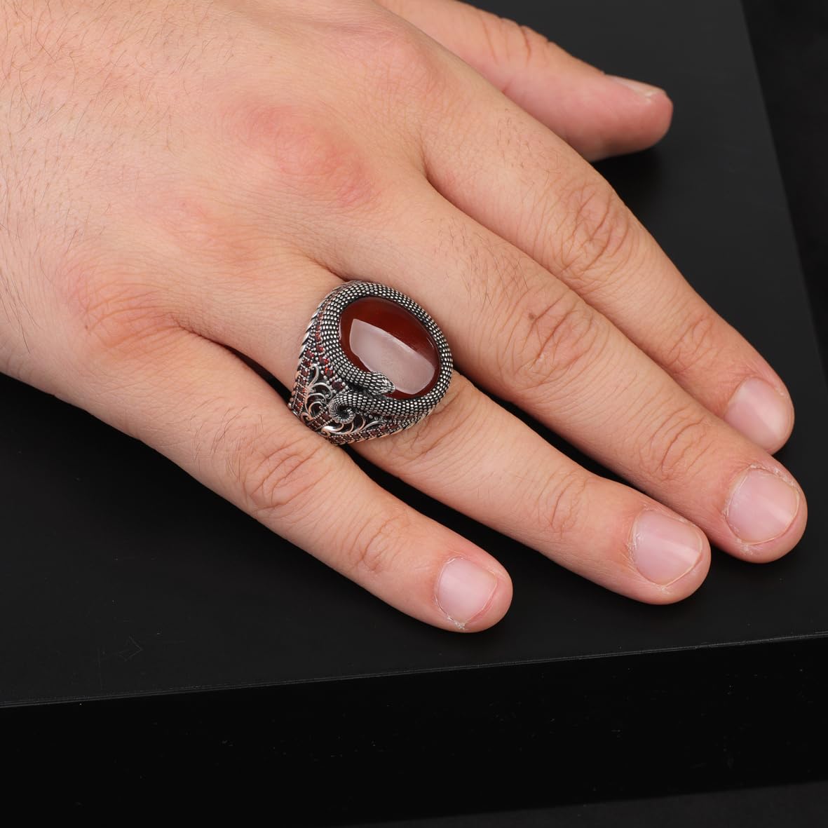 Men’s Snake Carnelian Ring - Handmade Animal Pinky Ring in Sterling Silver