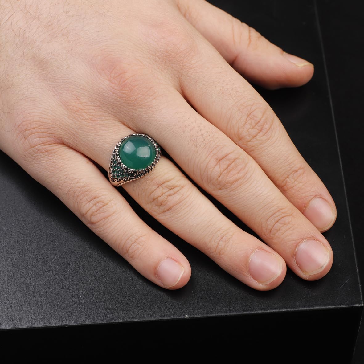 Handmade Jade Ring in Ottoman Style - 925 Sterling Silver Men's Gemstone Jewelry