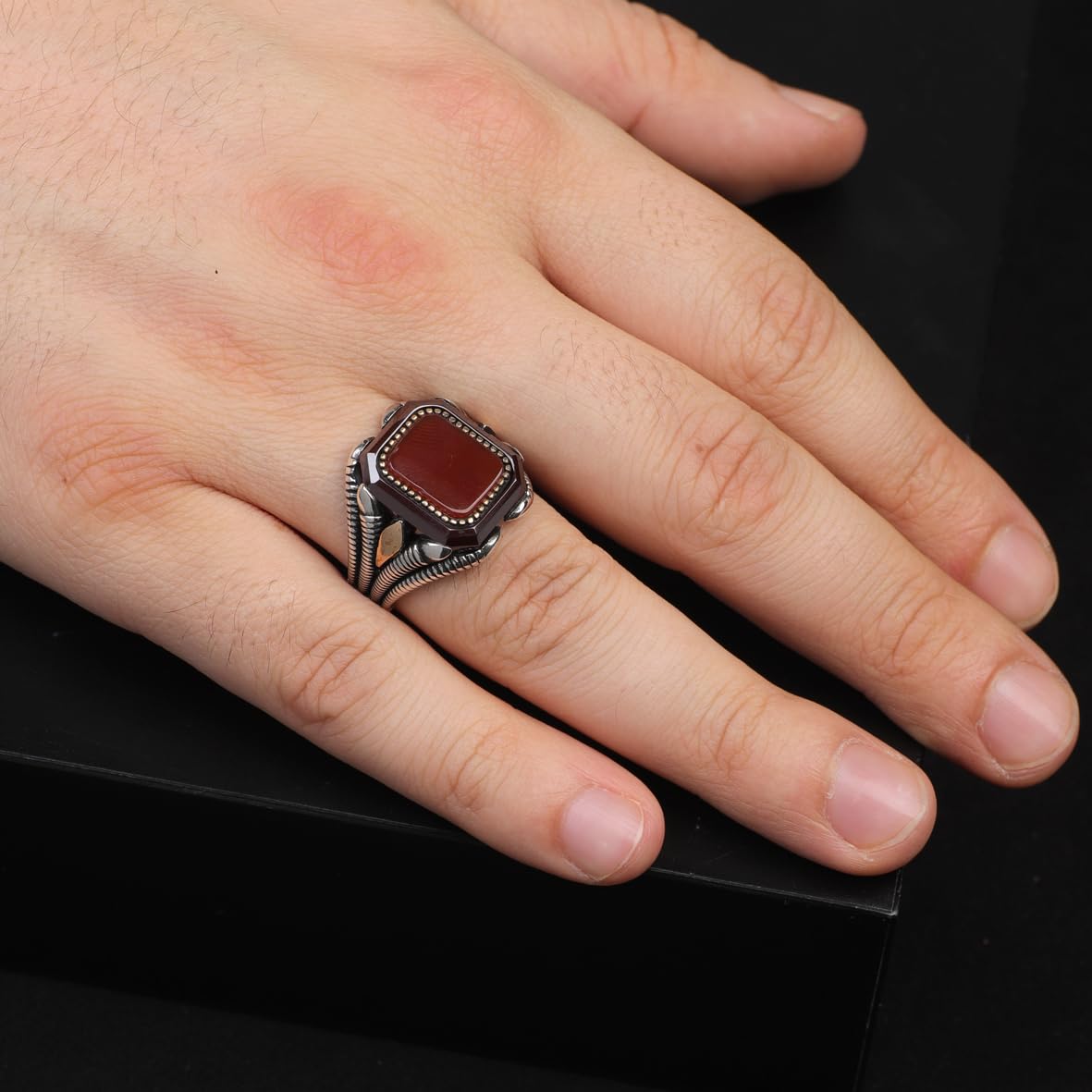 Handmade Vintage Men's Carnelian Ring - Polished 925 Sterling Silver Turkish Gemstone Engagement Ring with Silver Polishing Cloth Gift