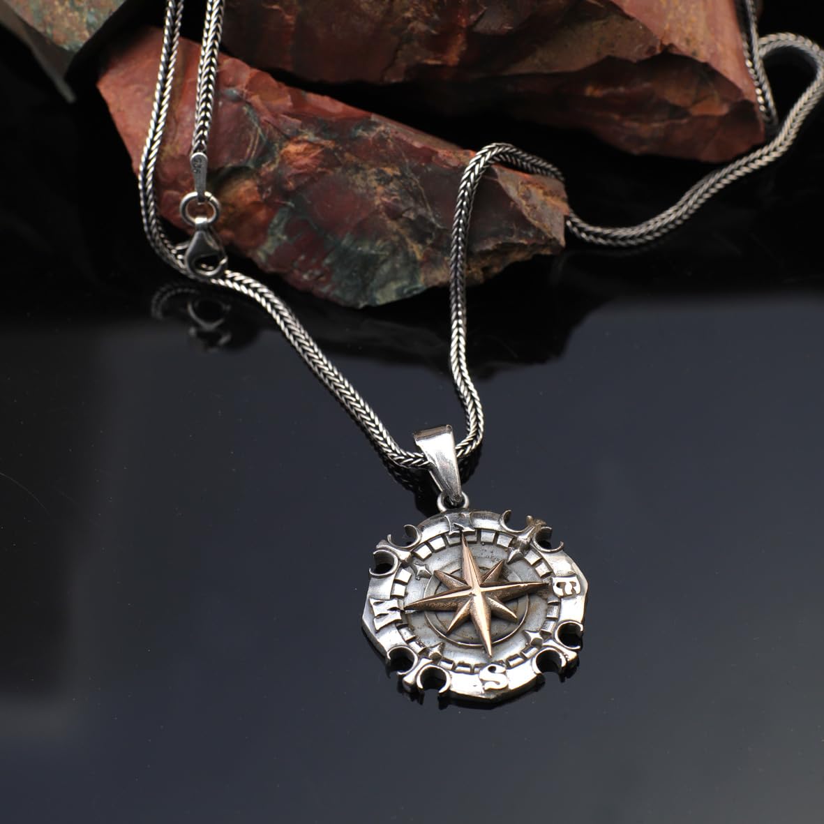 Gothic Compass Necklace for Men - Sterling Silver Pendant with Silver Chain &Silver Cleaning Cloth Gift - Biker Gothic Pendant -Silver Chain