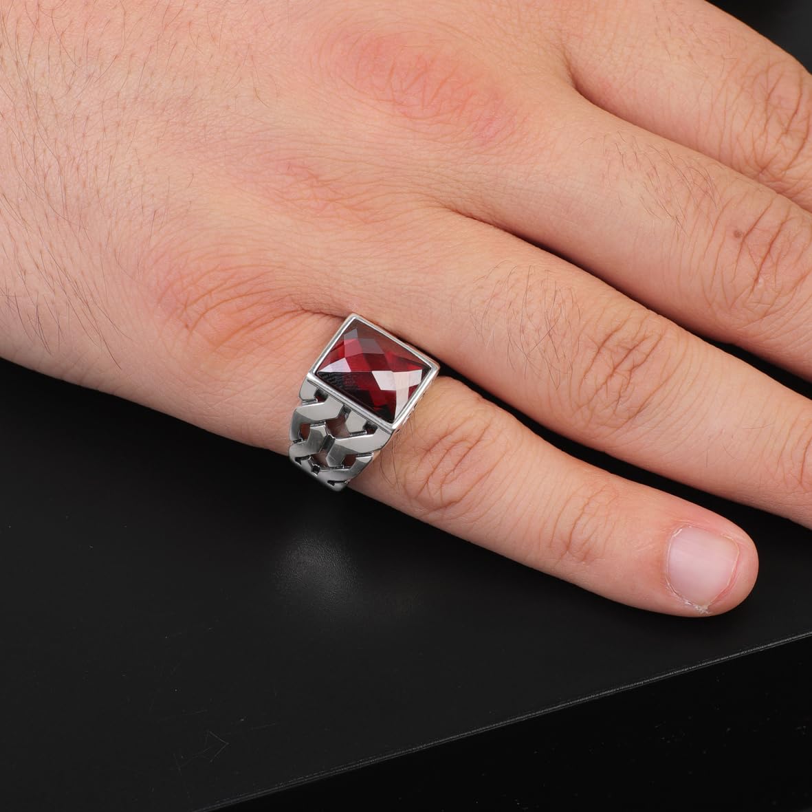 Vintage Handmade Garnet Ring for Men - Ottoman Style Sterling Silver Pinky Ring with Custom Engraving - Perfect Engagement Ring Gift with Silver Polishing Cloth