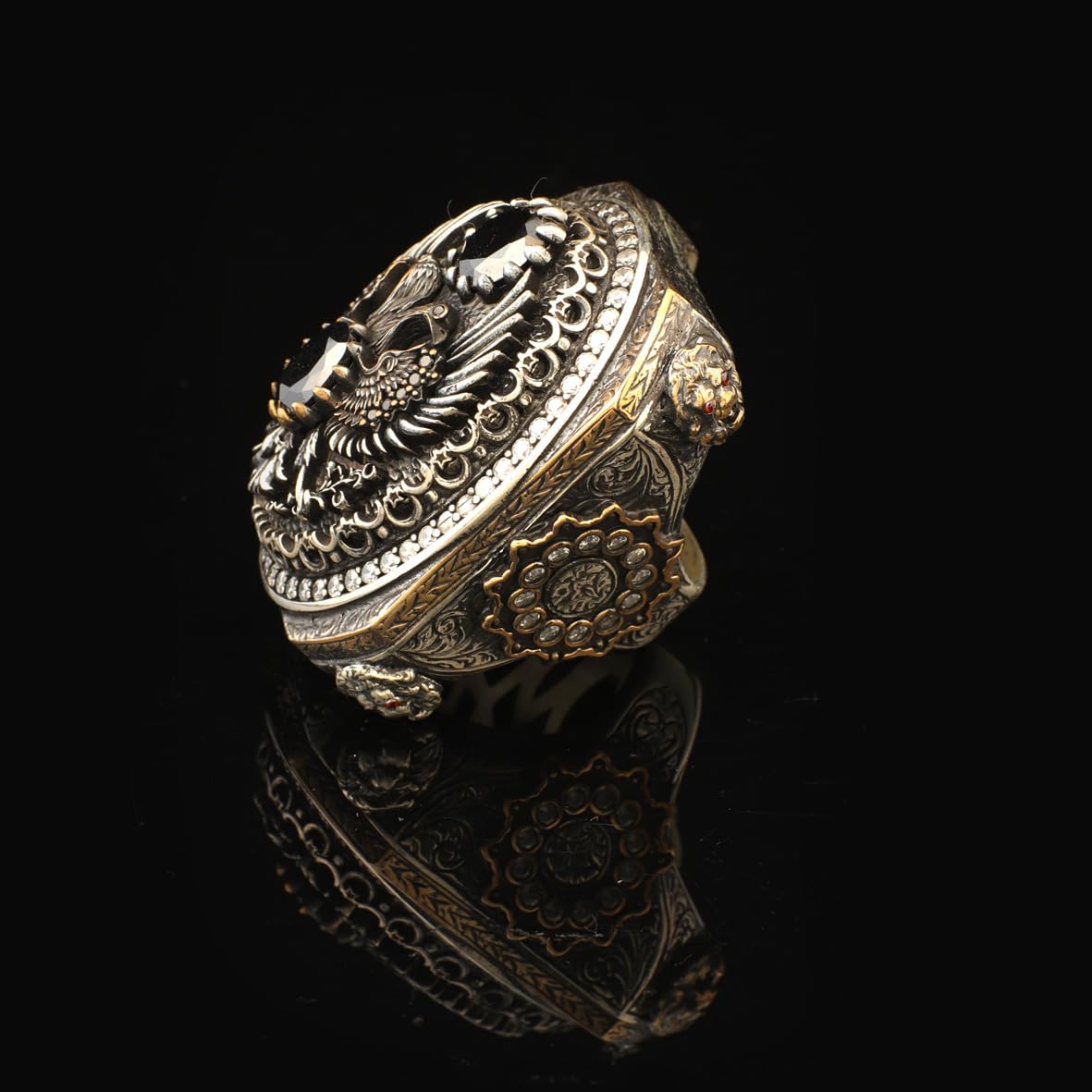 Onyx Eagle Signet Ring Large Statement Whiskey Barrel Chunky Silver Ottoman Vintage 925 Sterling Promise Engagement Gemstone Gift for Husband