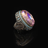 Handmade Special Turquoise and Micro Stone Ring – Large Oval Stone in Vintage Polished 925 Sterling Silver — image 4
