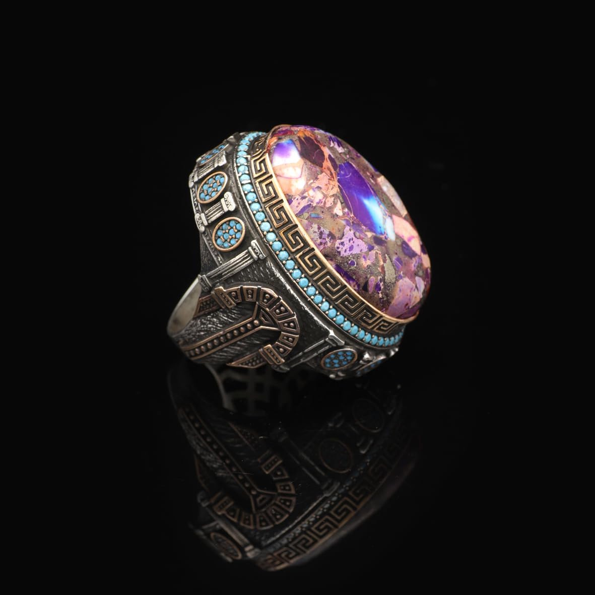 Handmade Special Turquoise and Micro Stone Ring – Large Oval Stone in Vintage Polished 925 Sterling Silver