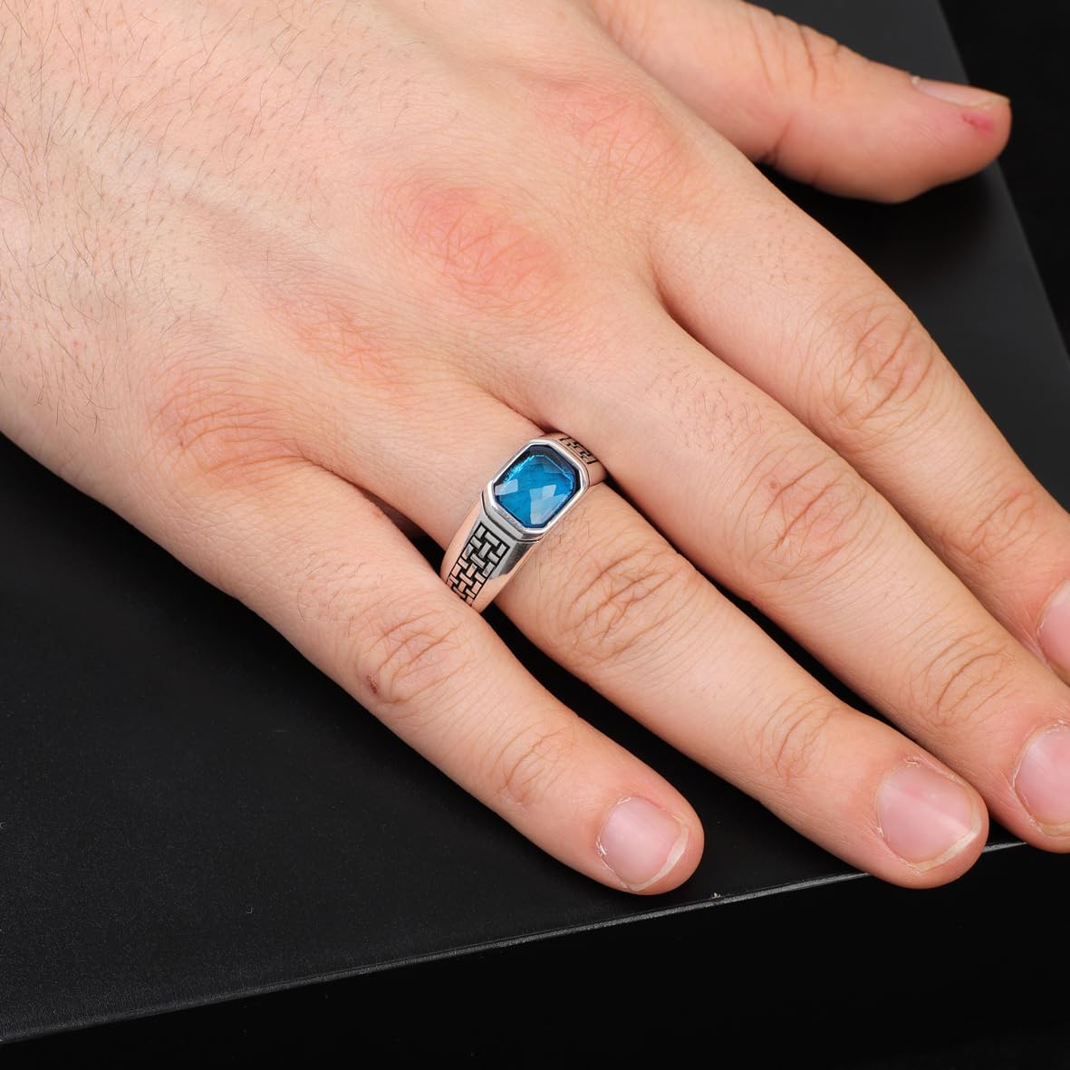 Handmade Aquamarine Gemstone Square Stone Pinky Ring for Men Vintage 925 Sterling Silver
