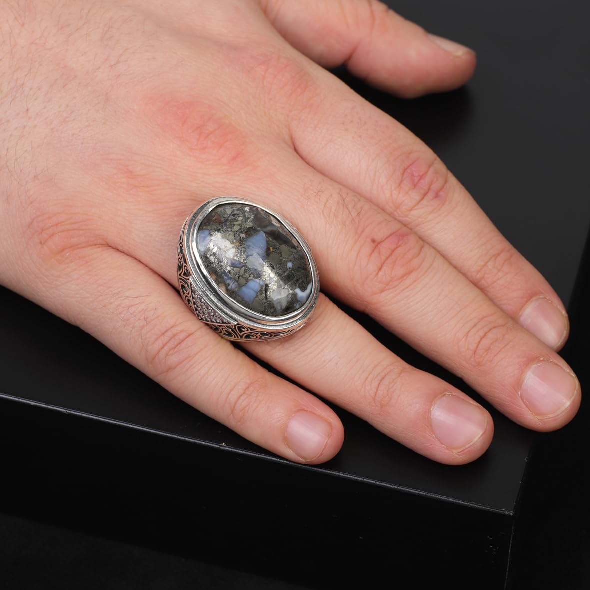 Mens Sterling Silver Turquoise Ring – Special Large Gemstone Ring with Chunky Ottoman Design