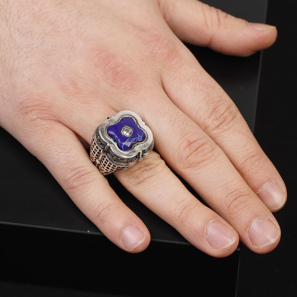Lapis Lazuli Ring with White Sapphire Accent - Handcrafted Vintage Men's Sterling Silver Sword Gemstone Ring with Micro Stone Detail and Silver Polishing Cloth Gift