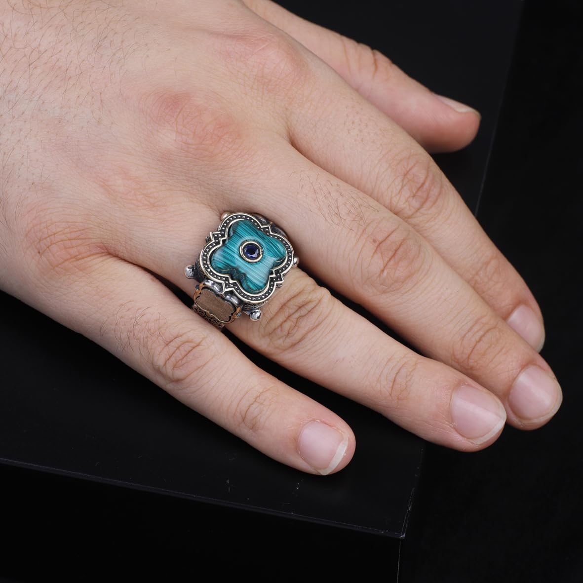 Handmade Vintage Malachite and Micro Onyx Gemstone 925 Sterling Silver Ring for Men - 925 sterling silver rings for men - Birthday Gifts