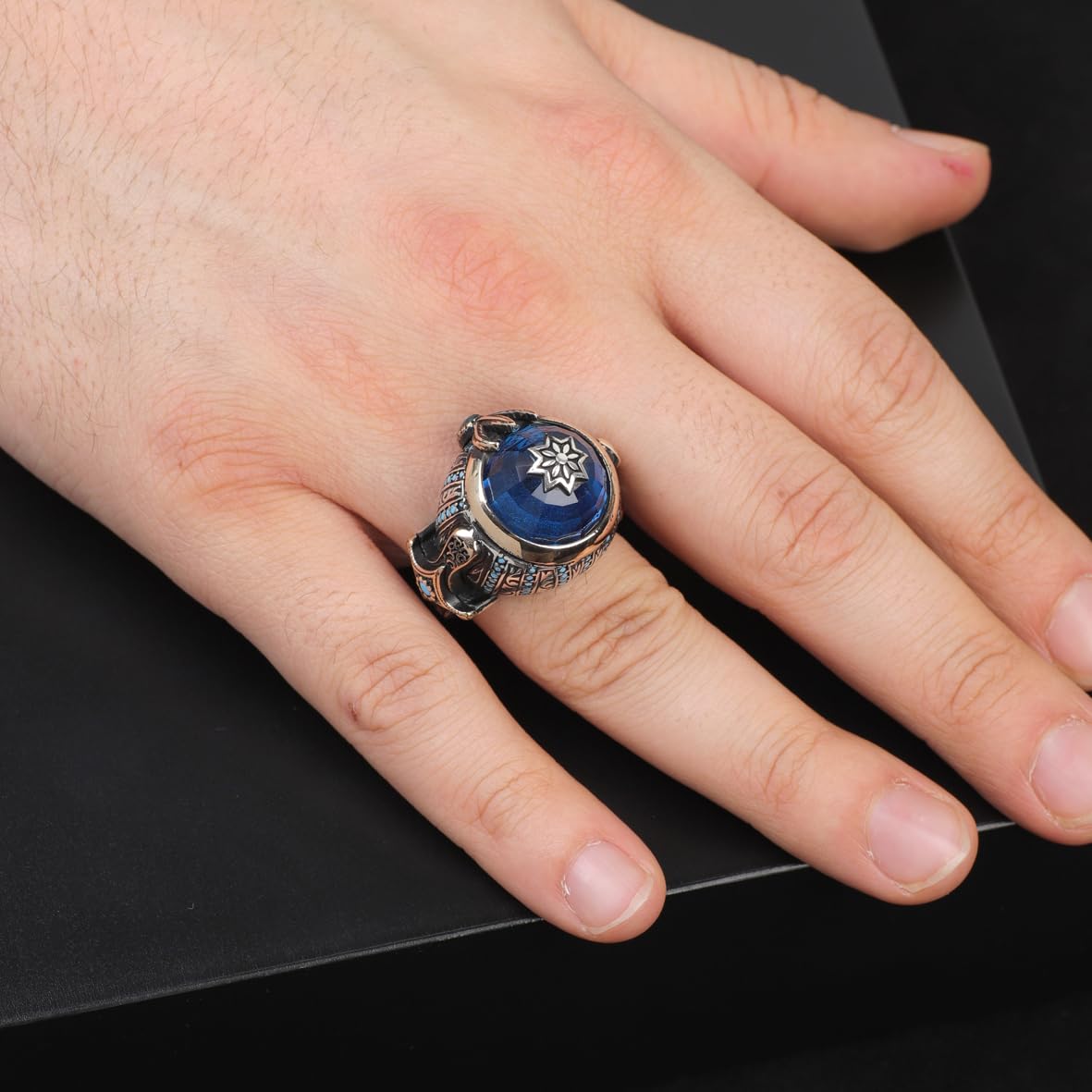 Handmade Aquamarine Gemstone Ottoman Style Sword Ring for Men Vintage 925 Sterling Silver