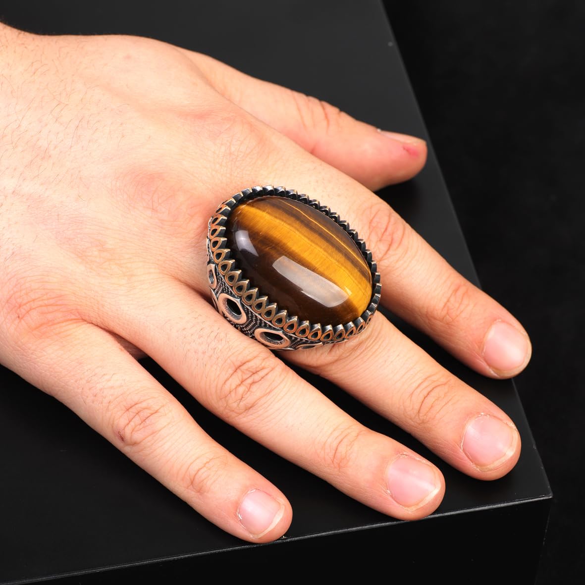 Tiger Eye Ring - Oval Gemstone Men's Vintage Handmade Ottoman Design - 925 Sterling Silver Rings with Silver Polishing Cloth Gift