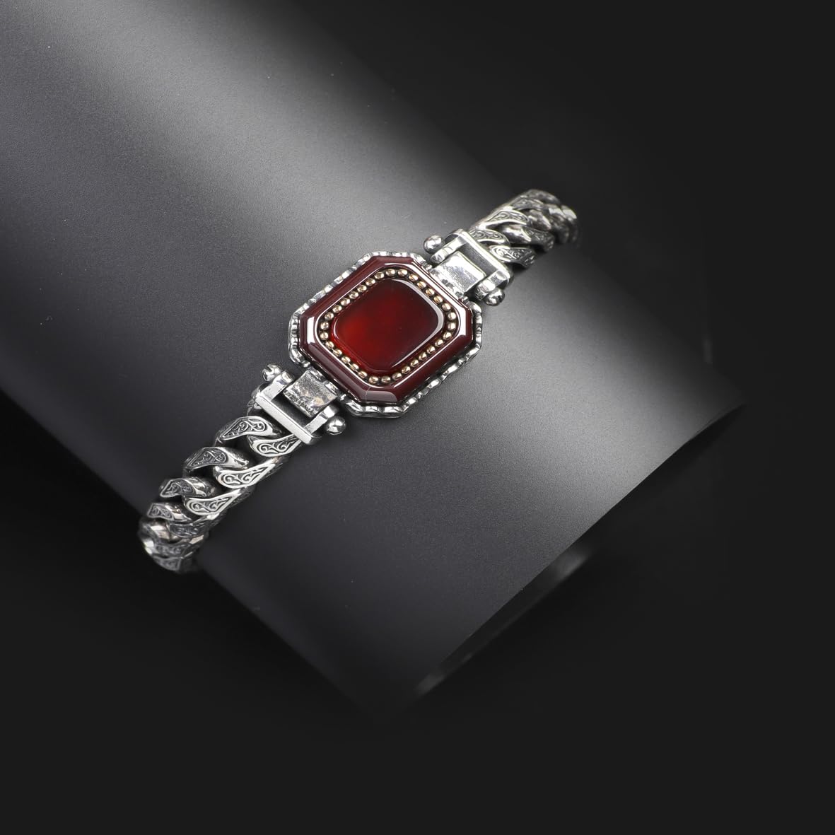 Made to Order Personalized Gothic Vintage Pattern 925 Sterling Silver Chain Bracelet for Men with Carnelian Gemstone - Hand-Engraved Handmade Bracelet