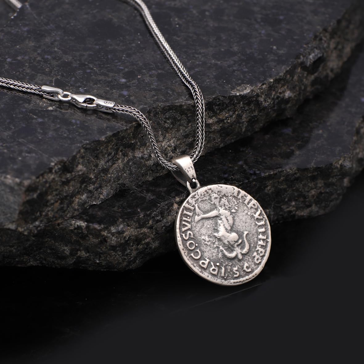 Sterling Silver Men's Mythology Necklace with Antique Caesar Coin Pendant and Silver Chain - Birthday Gifts