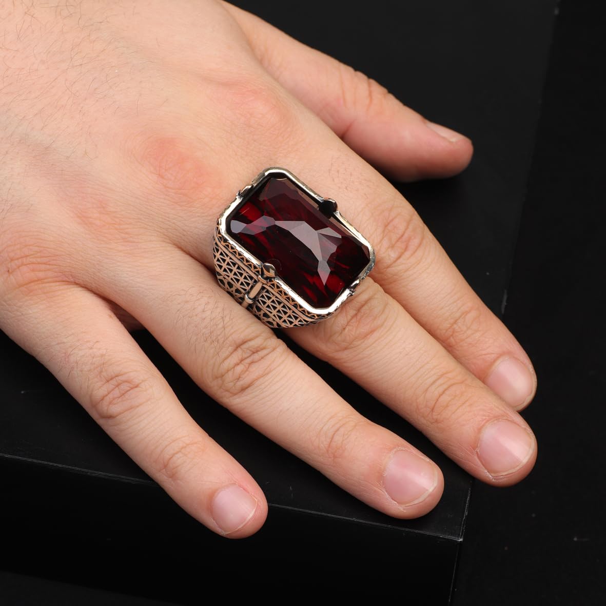 Vintage Large Garnet Ring for Men - 925 Sterling Silver Turkish Handmade Polished Engagement Ring with Silver Polishing Cloth Gift