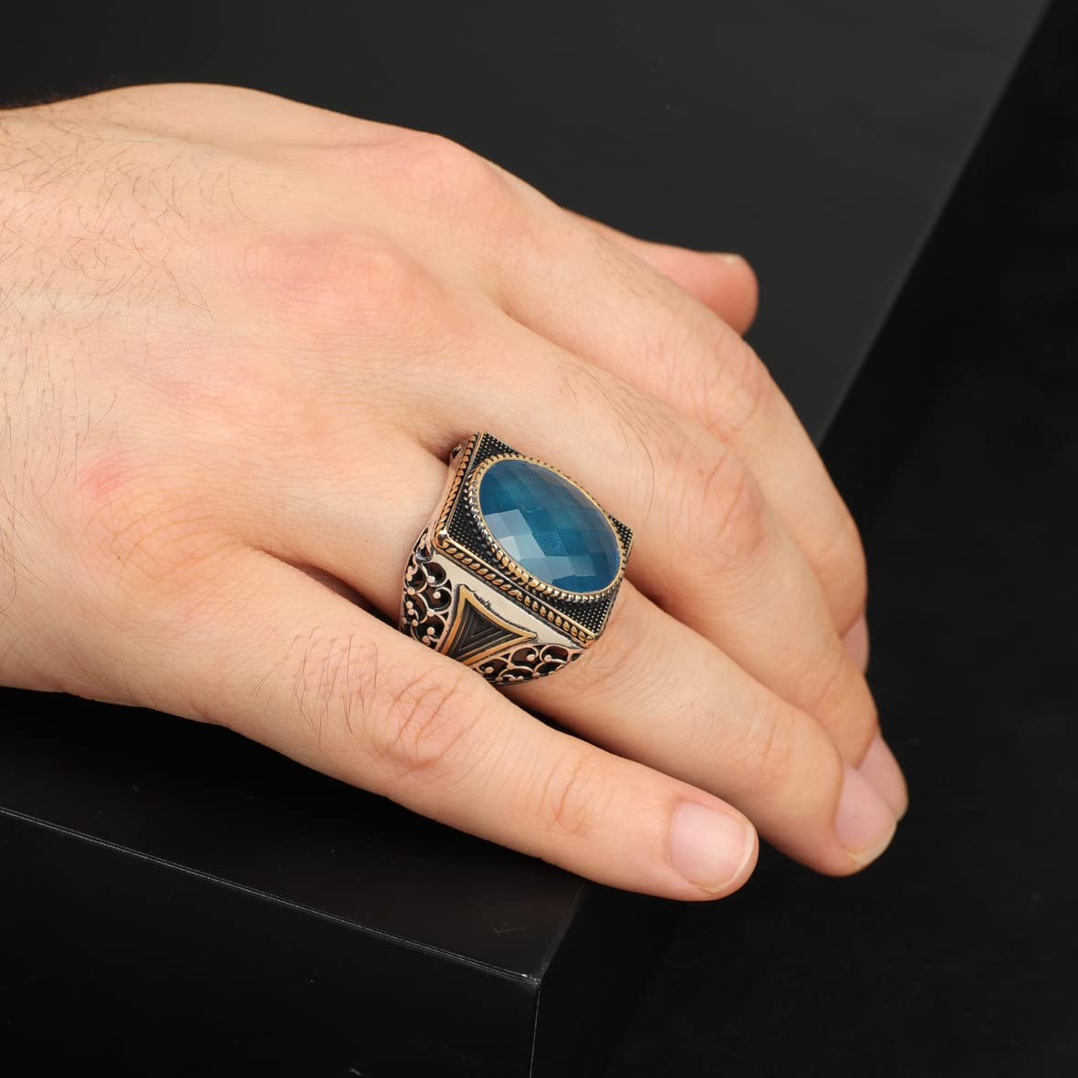 Man Silver Aquamarine Stone Ring
