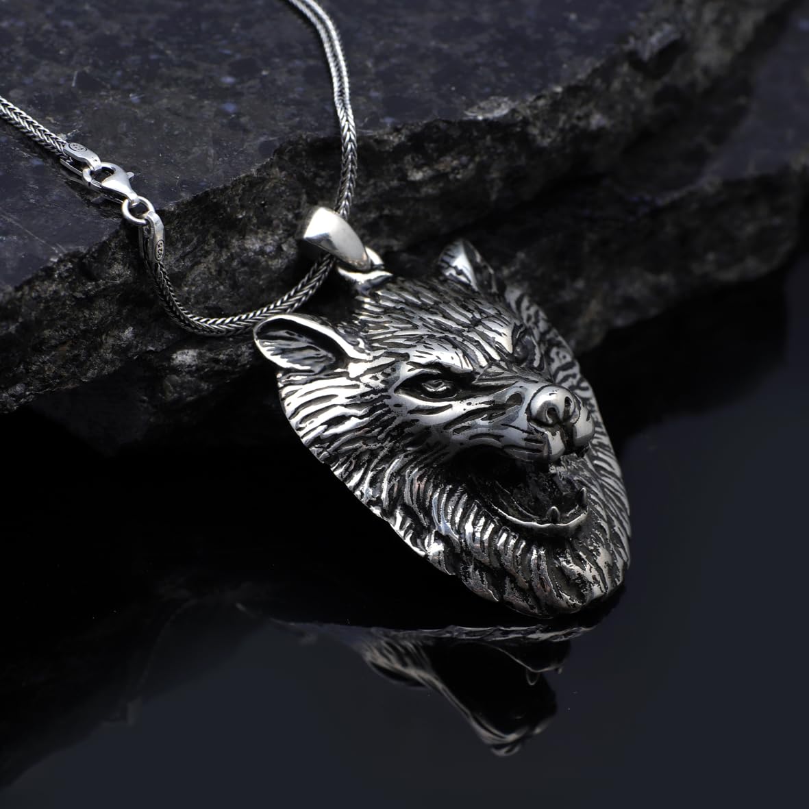 Mens Silver Chain with Wolf Head Pendant - Sterling Silver Chain with Wolf Design - Men's Silver Jewelry - Birthday Gifts