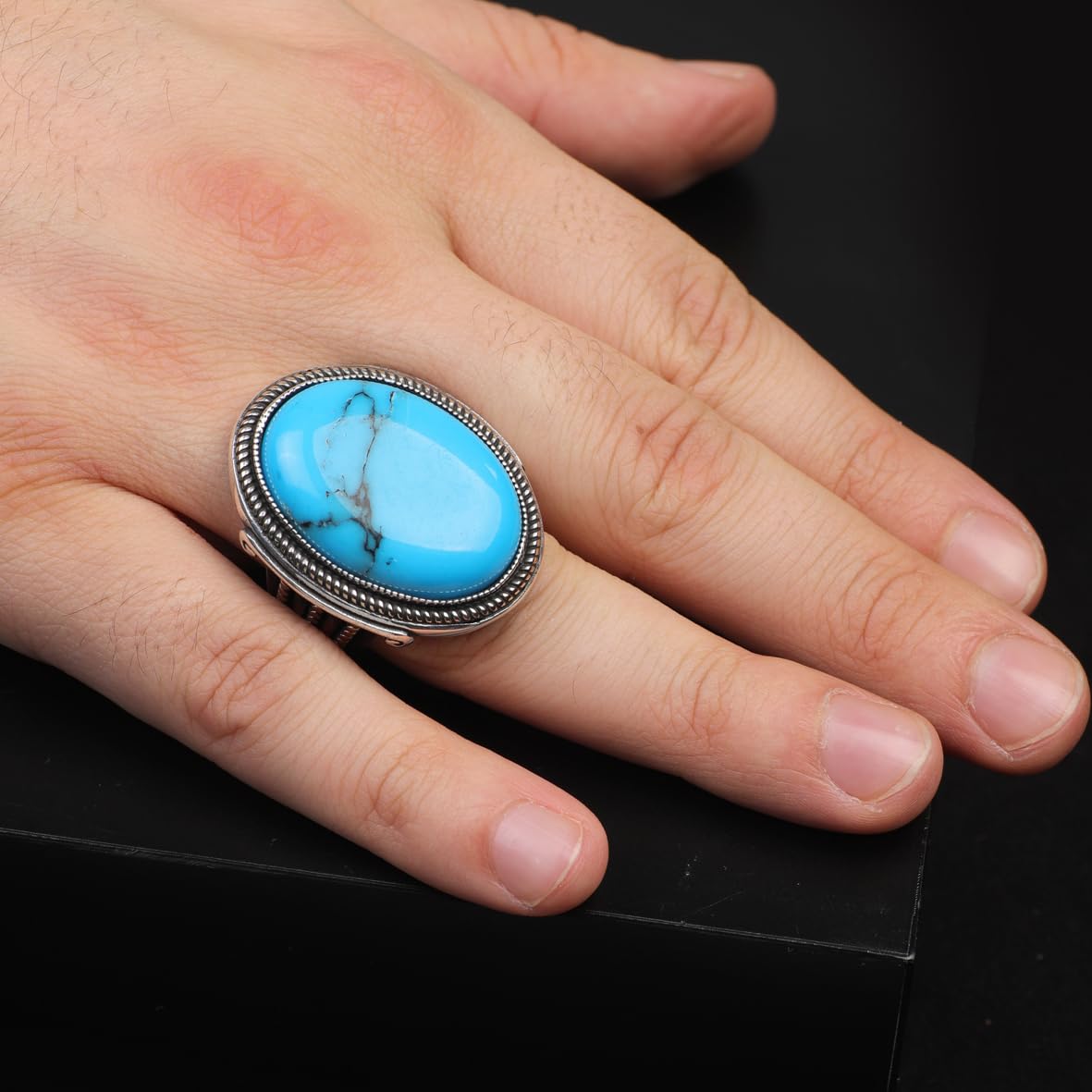 Vintage Turquoise Oval Stone Ring for Men - Large 925 Sterling Silver Turkish Handmade Polished Engagement Ring with Silver Polishing Cloth Gift