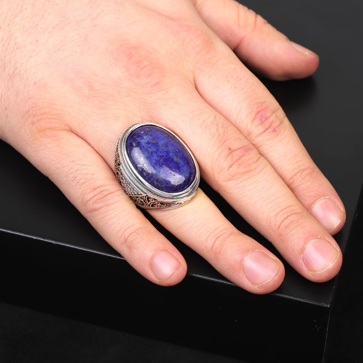 Lapis Lazuli Ring – Large Chunky Sterling Silver Ottoman Gemstone Ring with Micro Sapphire – Handmade Vintage Men’s Engagement Ring with Custom Engraving